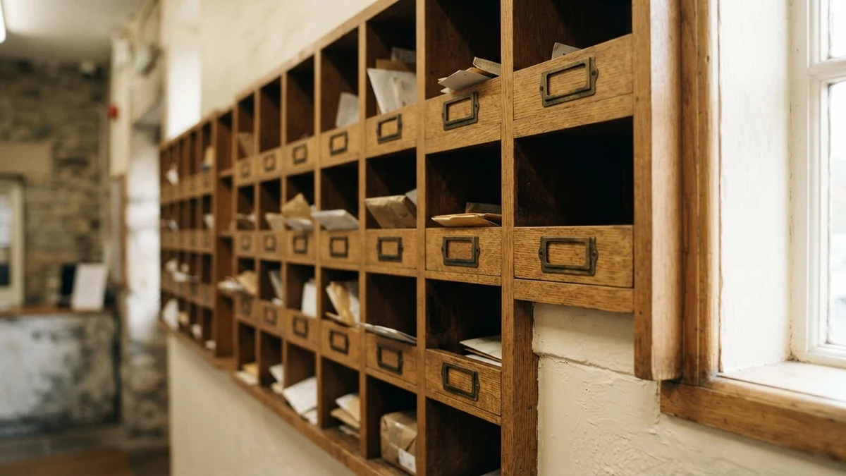 Post office pigeonhole boxes of different sizes illustrating varying postal code formats